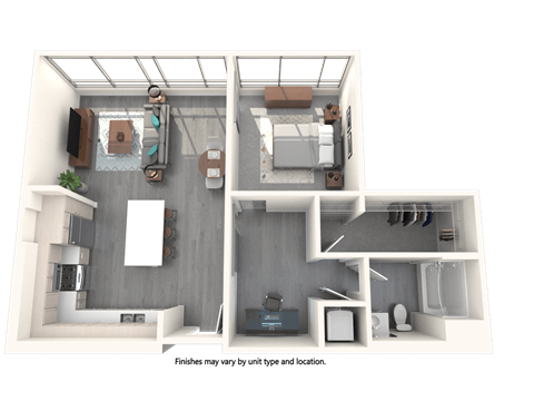 Floor plan for 1 bed, 1 bath, 933 sqft